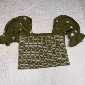 Talisman Olive Green Smocked Crop Top Floral Embroidery Puff Sleeve Small